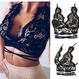 Black Plunge Cross Strap Open Back Lace Bralette